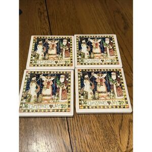 Tumbled Tile Chritmas Santa Angel Snowman Coaster Set Of 4 Cork Back